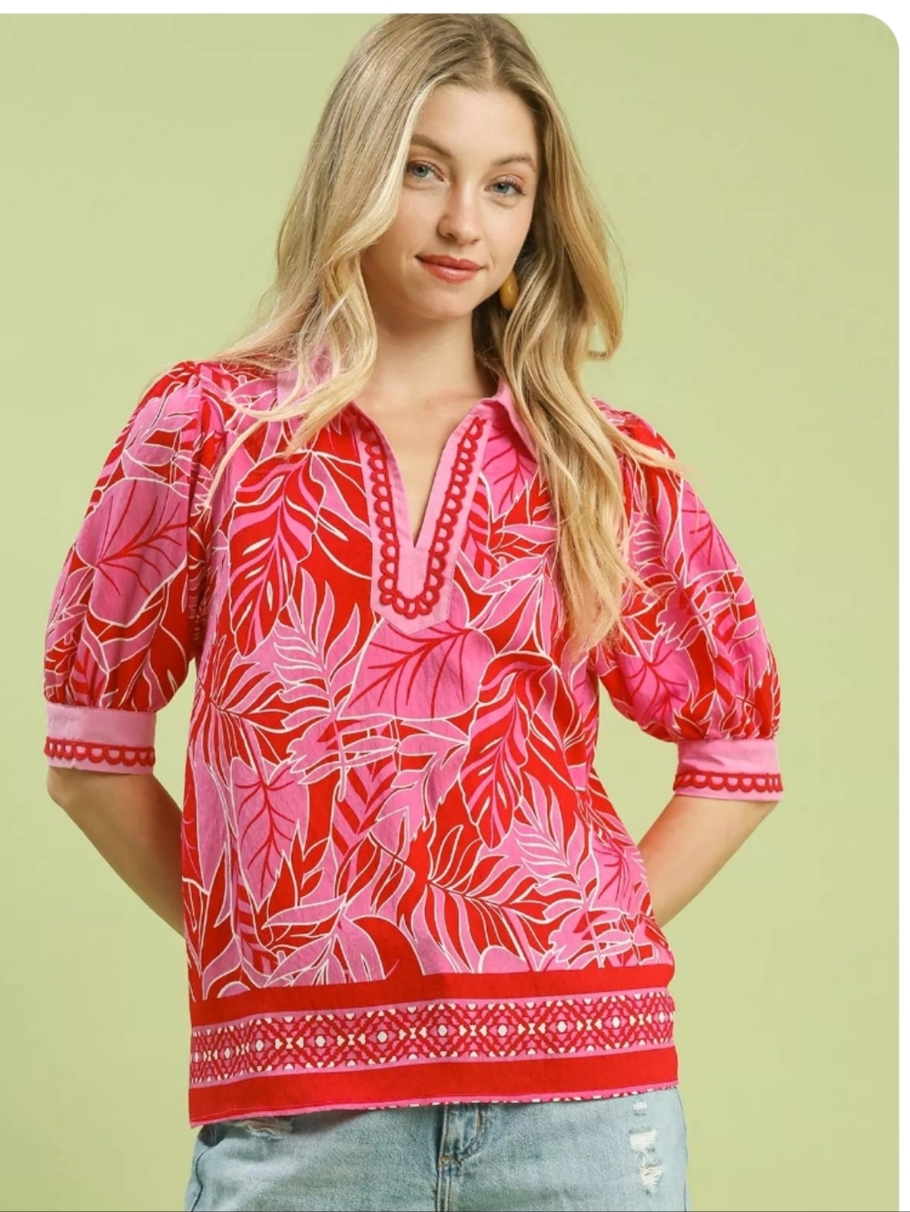 Umgee Pink & Red Printed V-Neck Blouse - Picture 2 of 8